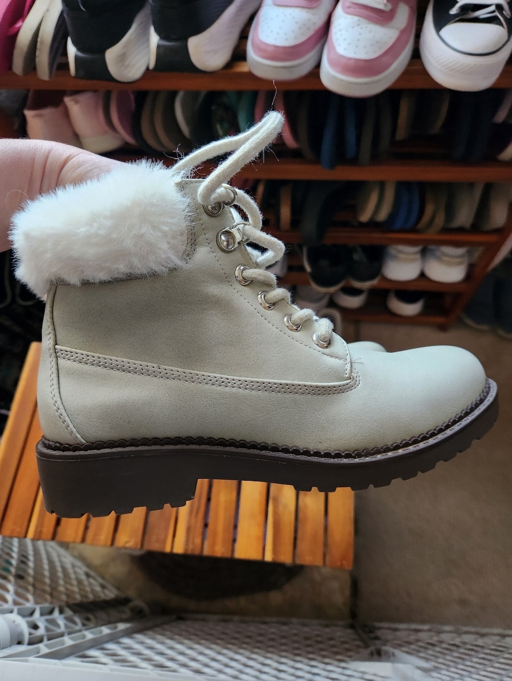 Esprit Cream Lace-Up Faux Fur Ankle Boots